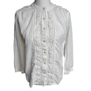 Lucky Brand White Floral Embroidered Cotton Top XS High Neck Boho Blouse